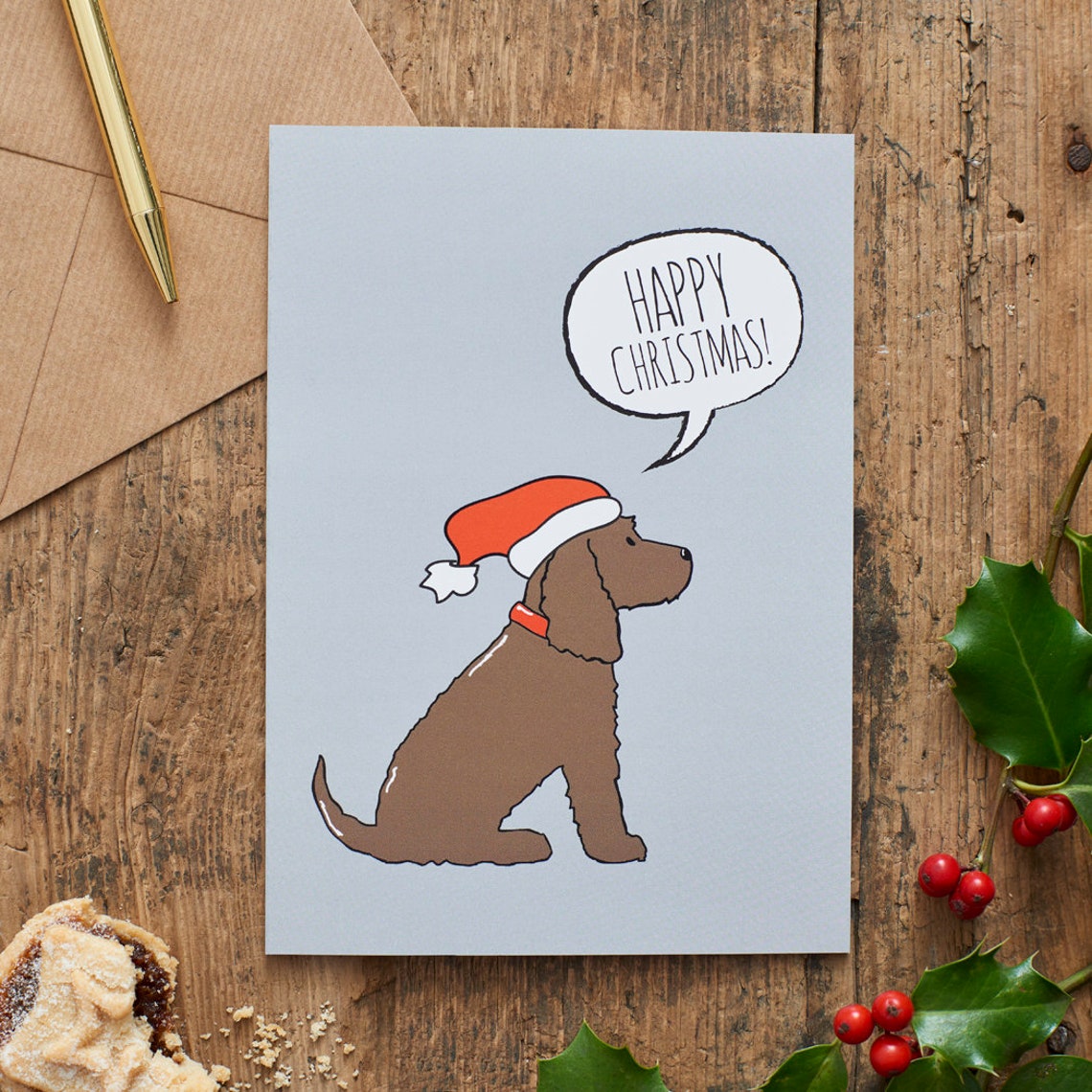 Biglietto D'Auguri Cocker Spaniel Nel Neve Con Busta Kraft - 12,5x12,5 Cm, Interno Bianco, Illustrazione Londinese
