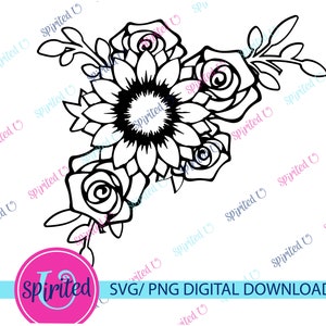 Tournesol et bordure florale rose en téléchargement numérique SVG/PNG – Cadre tournesol, clipart et conception de chemise