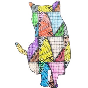May include: A colorful cat illustration with a patchwork design. The cat is depicted in a sitting position, filled with various geometric patterns and vibrant colors, including blue, pink, yellow, and green. The artwork is signed "D. Pia".