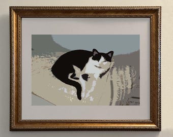 Black and White Cat Art Print: Watercolor Tuxedo Cat Portrait Poster 8.5x11, 11x17, 13x19