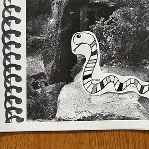 May include: A black and white photo of a forest with a hand-drawn snake sticker on a rock. The snake is black, white, and gray with the word "snake" written on it.