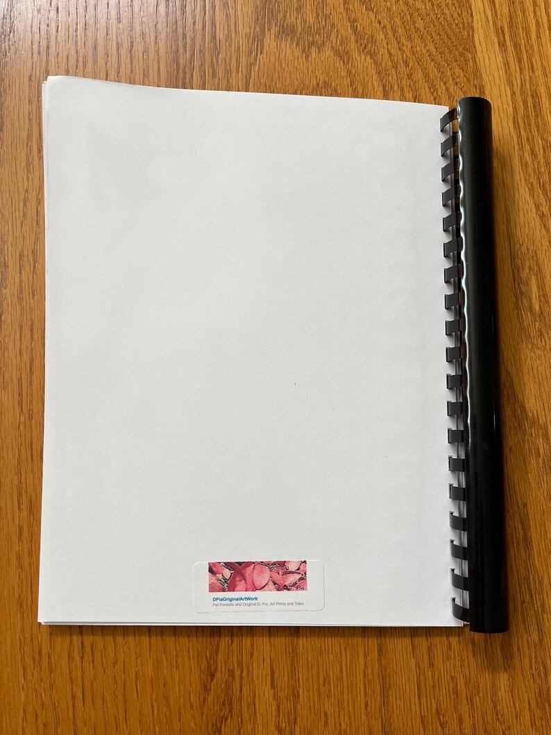 May include: A white notebook with a black plastic binding. The notebook has a sticker on the front that says "Original Artwork" and features a pink and red abstract design.