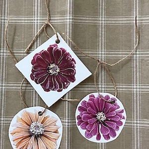 Zinnia Gift Tags: Botanical Flower Ornaments (Digital Download, Set of 9)