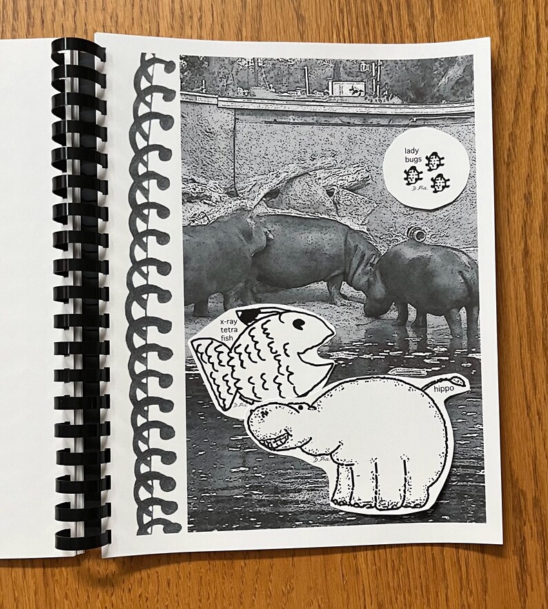 May include: A black and white photo of a notebook page with a black and white drawing of a hippopotamus, a fish, and ladybugs. The text "x-ray tetra fish" and "hippo" are written on the page.