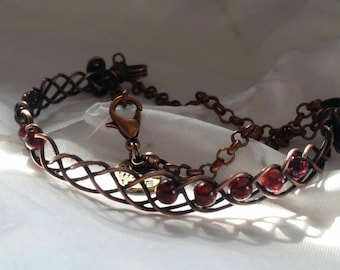 Wire Wrapped, Oxidised Copper, Half Cuff Bracelet with Garnet Beads