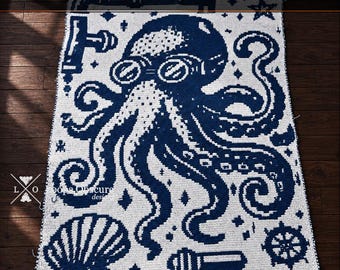 Ocean's Reach - Octopus Steampunk Sea Nautical Marine Overlay Mosaic Crochet Pattern Blanket Throw