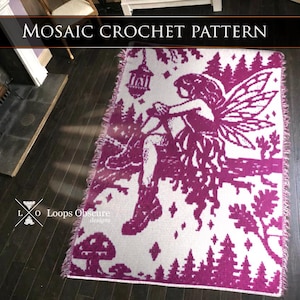 May include: A rectangular crochet blanket featuring a magenta and white mosaic pattern. The design depicts a winged figure sitting on a branch, surrounded by a forest, a hanging lantern, stars, and mushrooms. The text MOSAIC CROCHET PATTERN is visible.