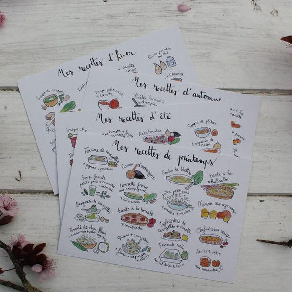 4 Cartes illustrées - idées recettes végétariennes de saison (printemps, été, automne, hiver)