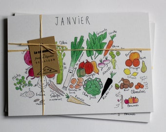 Large illustrated seasonal fruit and vegetable calendar - A5 format - set of 12 cards - perpetual calendar