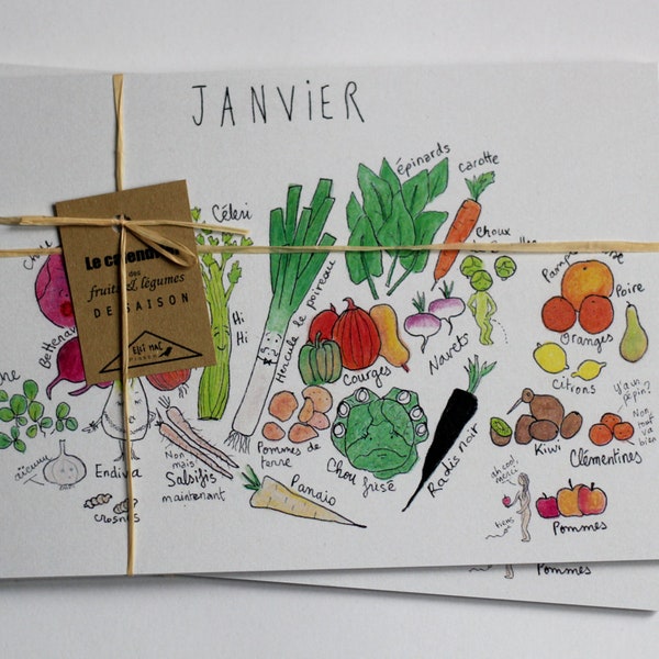 The large illustrated calendar of seasonal fruits and vegetables - A5 format - set of 12 cards - perpetual calendar