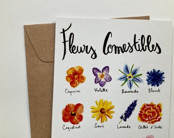 Carte postale A6 - fleurs comestibles - illustration aquarelle + enveloppe kraft