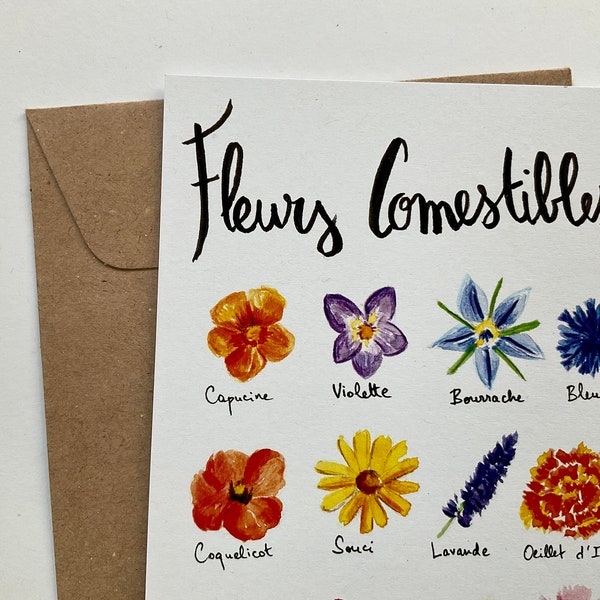 Carte postale A6 - fleurs comestibles - illustration aquarelle + enveloppe kraft