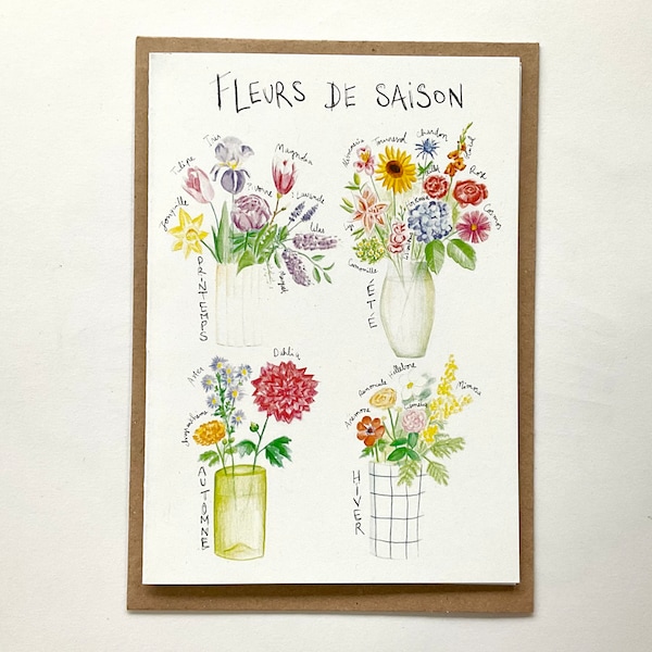 Carte A6 double - fleurs de saison + enveloppe kraft