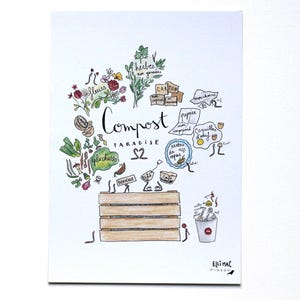 Grande carte A5 / Affichette "Compost Paradise" - illustration encre et aquarelle