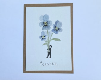 Carte « Pensées » aquarelle + enveloppe