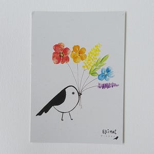 Carte illustrée A6 - oiseau + fleurs - encre et aquarelle