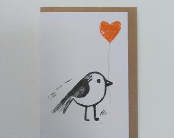 A6 double linocut card + envelope - heart balloon
