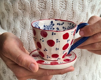 Handmade ceramic cup and saucer, with handle & floral sprig design. Perfect pottery mug to enjoy coffee or tea, unique gift for loved ones.