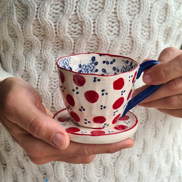 Handmade ceramic cup and saucer, with handle & floral sprig design. Perfect pottery mug to enjoy coffee or tea, unique gift for loved ones.