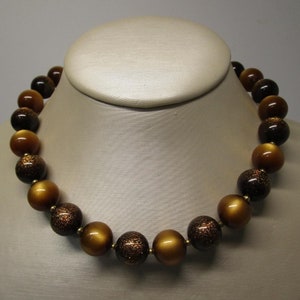 Trifari 16&quot; Gold Moonglow & Brown Confetti Lucite Bead Necklace, 1970s/80s