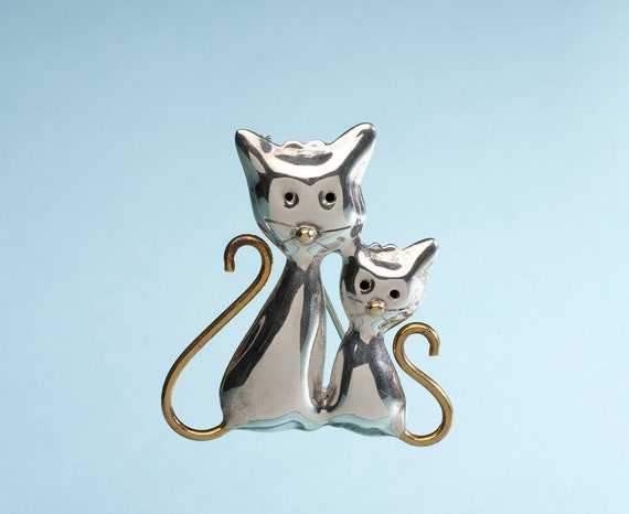 Taxco Sterling Cats Brooch, 1980s - image 1