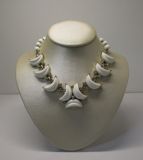 KRAMER necklace, White Lucite Crescents, Rhineston