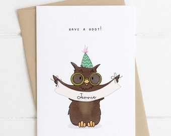 Owl birthday card - personalisable name 'Have a hoot' owl holding a birthday banner pun card