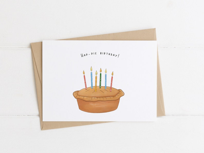 Happy Birthday 'Hap-pie birthday' pun card, pie illustration with candles image 1
