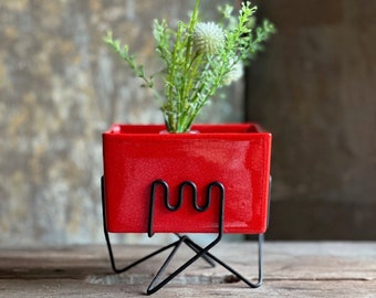 Retro Mid Century Red Square Planter or Vase with Funky Wrought Iron Base