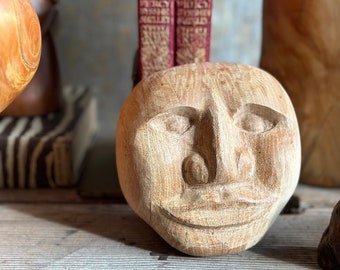 Vintage Wood Head Sculpture of a Man Hand Carved