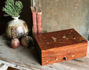 Vintage Wood Wooden Brass Hearts Inlay Jewelry Box w/ Drawers