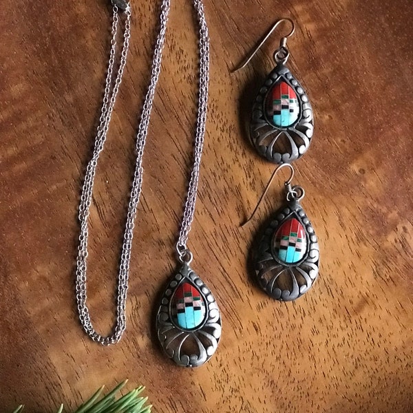 Sterling Native American  GSNM Glenn Sandoval Necklace and Earrings Set w/ Turquoise, Coral, Jet, Malachite Inlay SIGNED