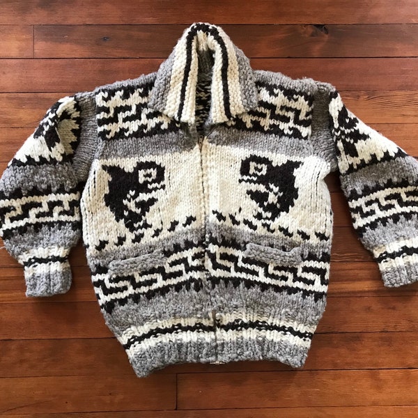 Vintage Wool Cowichan Cardigan Sweater Unisex Whale Thunderbird Design