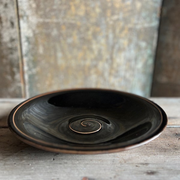 Simon Pearce Black Brown Swirl Belmont Glaze Serving Plate Shallow Bowl Studio Pottery Signed