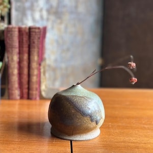 May include: A small, handcrafted ceramic vase with a rounded body and a narrow neck. The vase features a blend of earthy tones, including green, brown, and tan. Two delicate stems with small, reddish-brown seed pods extend from the vase. The vase sits on a wooden surface.