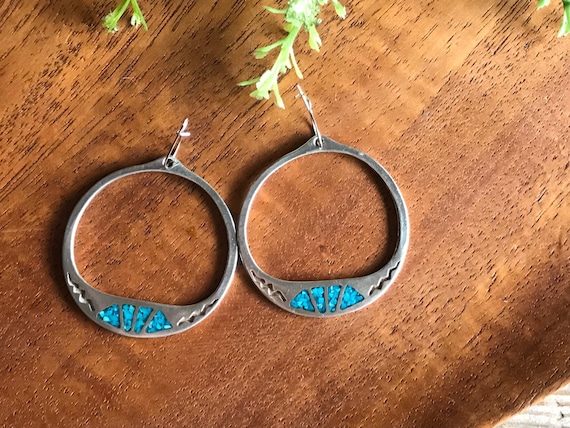 Vintage Silver and Turquoise Hoop Dangle Earrings - image 1