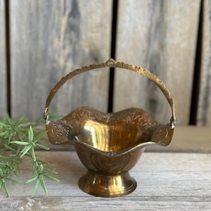 Vintage Brass Basket | Footed Bowl with Handle | Floral Design | Ruffled Edge
