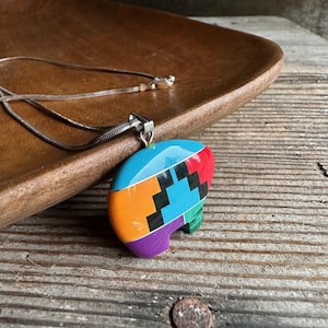Zuni Bear Multi Color Pendant Necklace w/ Sterling Chain
