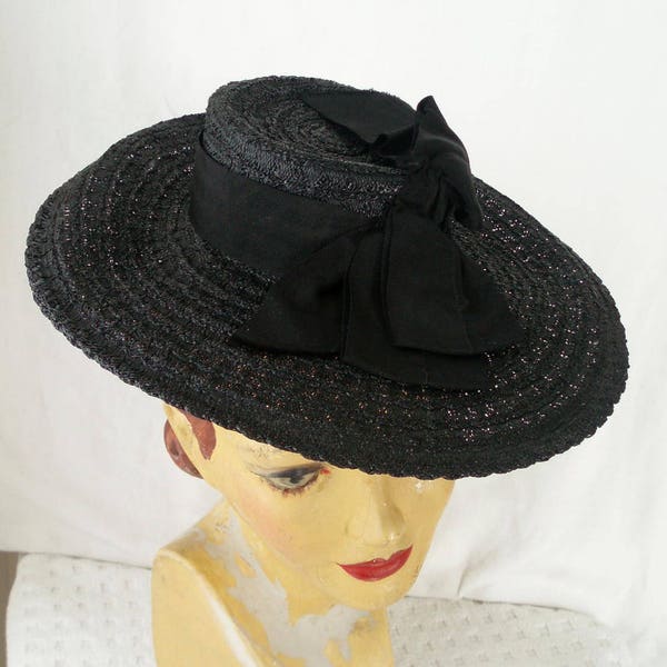 Black Tilt Perching Widebrim Hat 1940's Bow Straw .  WW2  . Lindy Hop. Wartime Fashions . Land Girl .