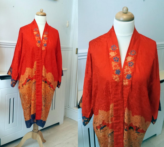 Kimono 1920's Pongee Silk Japanese Robe Oranges Bl