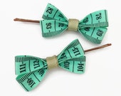 Green Tape Measure Hair Bows, Duo of Little Bobby Pin Hair Slides!