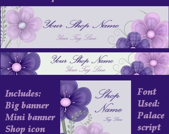 Ensemble d'icônes de bannière Etsy numérique fleurs violettes et roses