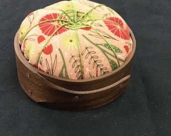 Handcrafted Shaker Tomato Pincushion - Black Walnut- charming peach and green,Handstitched Spiderwork