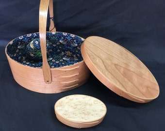 Handcrafted Shaker Lidded Swing Handle Cherry Sewing Box, Wm Morris Fabric, choice of colors