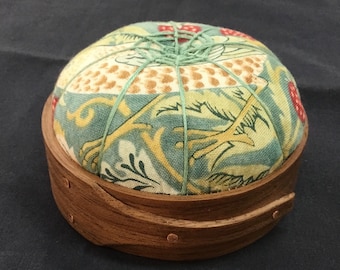 Handcrafted Shaker Tomato Pincushion - Black Walnut- Wm. Morris Strawberry Thief, Handstitched Spiderwork