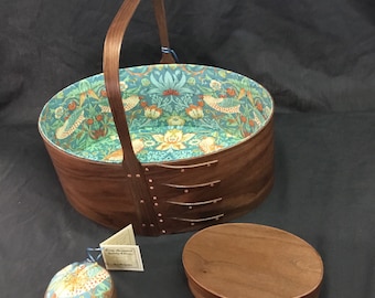 Handcrafted Shaker Needlework Carrier with Pincushion and Button Box Black Walnut- Wm. Morris fabric