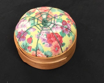 Handcrafted Shaker Tomato Pincushion - Cherry - Vintage floral- Handstitched Spiderwork