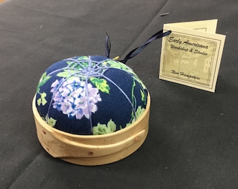 Handcrafted Shaker Tomato Pincushion -Birds Eye Maple-  blue, lavender floral ,handstitched Spiderwork