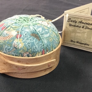 Handcrafted Shaker Tomato Pincushion -Birds Eye Maple-  Wm. Morris fabric ,handstitched Spiderwork