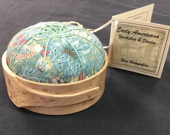 Handcrafted Shaker Tomato Pincushion -Birds Eye Maple-  Wm. Morris fabric ,handstitched Spiderwork